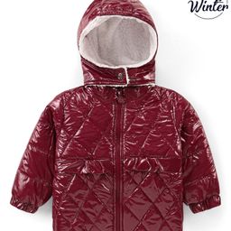 Babyoye Woven Full Sleeves Front Open Padded Hooded Jacket with Glossy Finish - Red-image-83