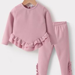 Kookie Kids Full Sleeves Top & Lounge Pants Set With Frill Detailing Solid Color - Pink-image-17
