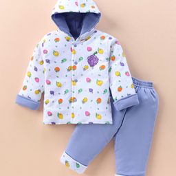 Child World Cotton Knit Full Sleeves Hooded Front Open Winter Wear Suit With Fruits Print -  Blue & White-image-88