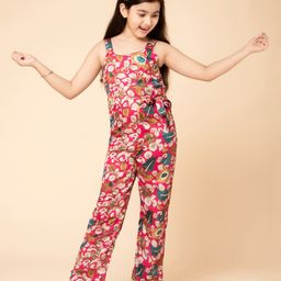 Piccolo Satin Sleeveless Floral Printed Jumpsuit With Waist Tie - Pink-image-111