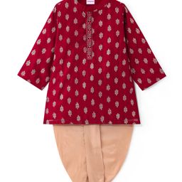 Babyhug Woven Full Sleeves Foil Printed Kurta Dhoti Set With Embroidery - Maroon-image-18