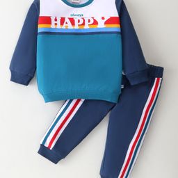 Kookie Kids Terry Knit Full Sleeves Cut & Sew Winter Wear Suit With Text Print - Blue-image-44