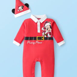 Babyhug Disney  Single Jersey Knit Full Sleeves Collared Romper with Cap & Mickey Mouse Graphics - Red-19