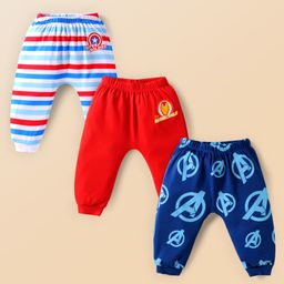 Babyhug Marvel Interlock Knit Full Length Diaper Leggings with Avengers Print Pack of 3 - Red Navy Blue & White-image-13