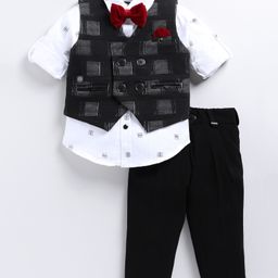 LITTLE COLLARS Full Sleeves Glitter Printed Jacquard Three Piece Party Suit Set With Bow - Black-image-45