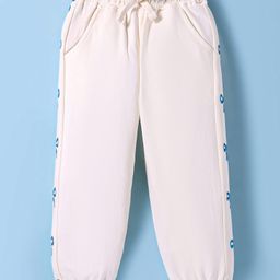 Kookie Kids Cotton Knit Full Length Jogger With Bow Foil Print & Pockets - Off White-image-43