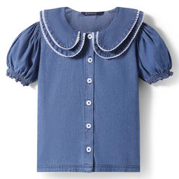 Pine Kids Cotton Knit Puffed Sleeves Peter Pan CollarSolid Color Top -Blue-image-75
