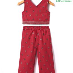 Babyoye Cotton Flax Woven Sleeveless Indo Western Set With Floral Print - Red-picture-13