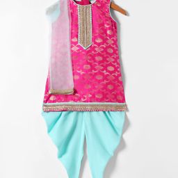 Saka Design Woven Sleeveless Floral Printed Kurta & Churidar Set With Dupatta - Pink & Light Blue-image-72