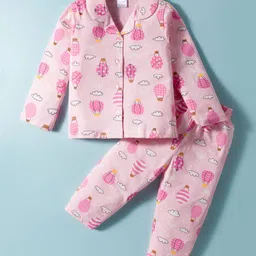 Smarty Girls Cotton Knit Full Sleeves Co-ords Night Suit with Hot Air Balloon Print - Pink-picture-37
