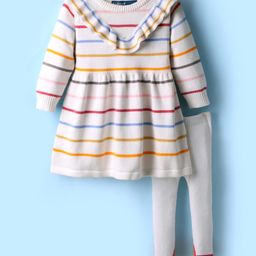 ToffyHouse Cotton Full Sleeves Striped Winter Frock & Footed Stockings Set - Offwhite-picture-21
