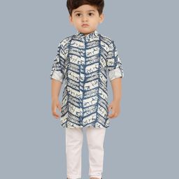 little desi Pure Cotton Woven Full Sleeves Abstract Printed Kurta Pyjama Set - Blue-image-55