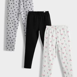 Orange Sugar Cotton Lycra Knit Pack Of 3 Hearts & Tulips Printed Stretchable Leggings - Multi Colour-image-84