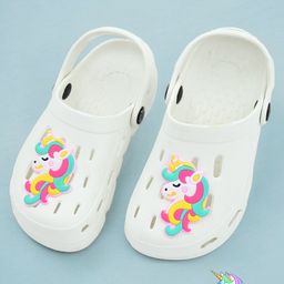 Yellow Bee Solid Perforated Clogs With Unicorn Charm - White-image-98