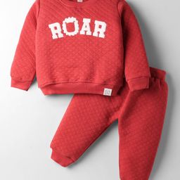 Simply Knit Full Sleeves Quilted Winter Wear Sweatshirt & Lounge Pant Set with Text Patch Detailing - Red-picture-11
