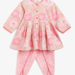 Campana 100% Cotton Woven Full Sleeves Floral Printed Kurti Dhoti Set - Light Pink-image-78