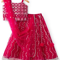 Babyhug Net Woven Sleeveless Choli Lehenga & Dupatta Set with Sequence Embroidery - Fuchsia-picture-49