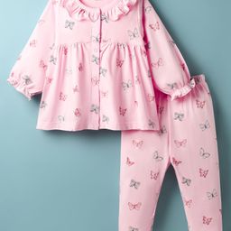 ToffyHouse 100% Cotton Knit Full Sleeves Peter Pan Collared Night Suit with Butterfly Print - Light Pink-picture-9