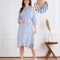 Bella Mama Woven Three Fourth Sleeves Maternity Shirt Dress With Stripes - Blue & White-picture-39