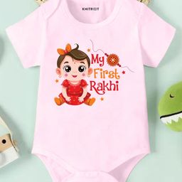 KNITROOT Cotton Lycra Knit Raksha Bandhan Theme Half Sleeves My First Rakhi Text Printed Onesie - Pink-image-53