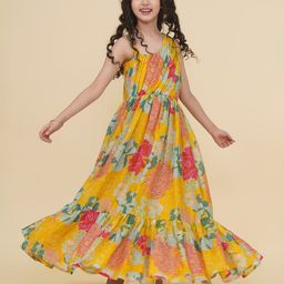 Bitiya By Bhama Silk Woven Sleeveless Floral Printed Dress - Yellow-image-49