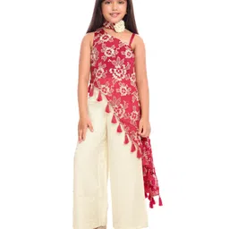 Tiny Kingdom Sleeveless Floral Embroidered & Sequins Embellished Top & Palazzo With Neck Belt Set - Red-picture-7