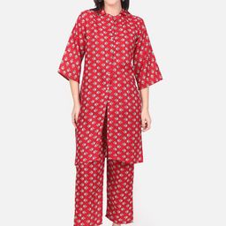 ROSEMELON Printed Collared Three-Quarter Sleeves Straight Kurta Set-21