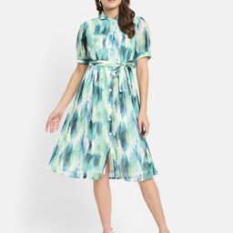 METTLE Women Print Shirt Collar Puff Sleeves Fit & Flare Dress-picture-0