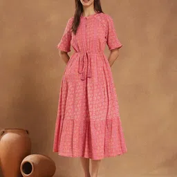 Fabindia Printed Keyhole Neck Cotton Fit & Flare Midi Dress With Tie-Ups-picture-38