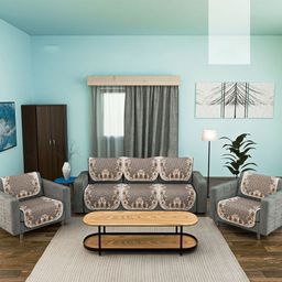 Aura Gold-Toned & Brown 5 Seater Printed Sofa Cover-picture-9