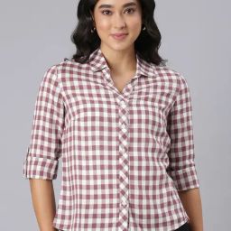 Twin Birds Maroon & White Regular Fit Checks Shirt-image-75
