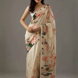Odette Cream Floral Printed Saree With Unstitched Blouse-image-82