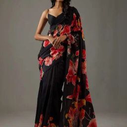Odette Black Floral Printed Saree With Unstitched Blouse-image-23