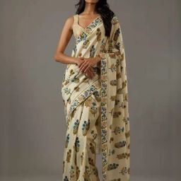 Odette Off White & Light Green Printed Saree With Unstitched Blouse-picture-26