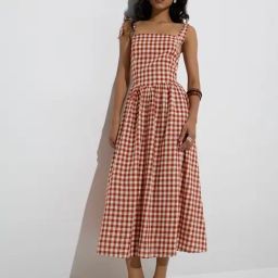 LOV by Westside Rust Gingham Checkered A-Line Dress-6
