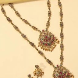 OOMPH Combo of 2 Antique Gold Tone Long & Short Necklace Set with Matching Earrings-16