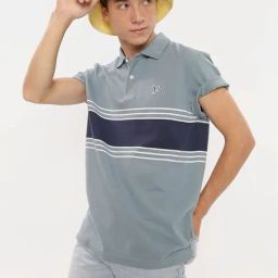 American Eagle Grey Cotton Regular Fit Striped Polo T-Shirt-image-48