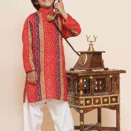 AJ Dezines Kids Red & White Cotton Printed Full Sleeves Kurta Set-image-14