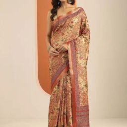 Libas Orange Floral Print Saree With Unstitched Blouse-image-59