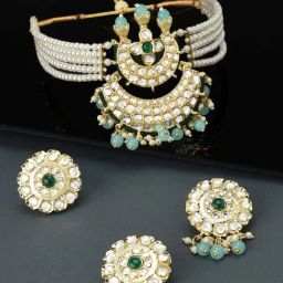 Zaveri Pearls Gold Tone Multistrand Pearls Kundan Choker Necklace Earring & Ring Set-ZPFK11549-image-64
