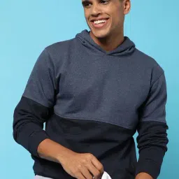 Campus Sutra Blue & Black Cotton Regular Fit Colour-Block Hooded Sweatshirt-37