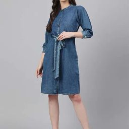 Janasya Blue A-Line Dress-image-27