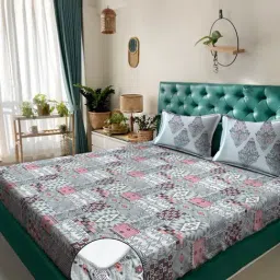 Klotthe Grey Cotton Printed 400 TC King Fitted Bedsheet with 2 Pillow Covers-picture-39