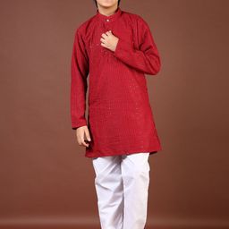 V-Mart Boys Floral Embroidered Band Collar Sequinned Straight Kurta With Pyjama-image-45