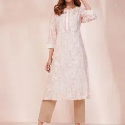 Fabindia White Floral Print Straight Kurta-image-32