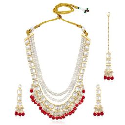 Peora Gold Plated White Red Synthetic Stone Necklace Earrings & Maangtikka Set-image-20