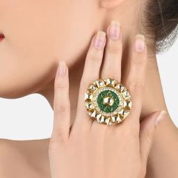 Zaveri Pearls Green Meenakari Flower Ethnic Kundan Adjustable Finger Ring-ZPFK11539-3
