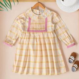 Bella Moda Girls Yellow Cotton Three Fourth Sleeves Graphic Printed Dress-image-82