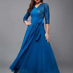 Miss Chase Royal Blue V Neck 3/4 Sleeve Self Designed Wrap Styled Georgette Maxi Dress-image-3