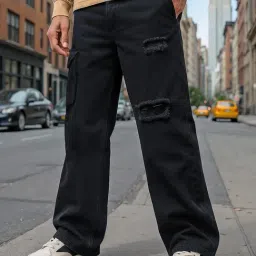 Bewakoof Jet Black Cotton Straight Fit Distressed Jeans-picture-5